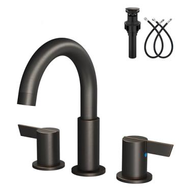 Imagem de GBBNE Torneira de pia de banheiro 3 furos 20,3 cm ampla torneira de 2 alças SUS304 aço inoxidável com dreno pop-up e linhas de suprimento bronze polido a óleo