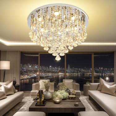 Imagem de Lustre prateado, iluminação de lustre de cristal, 6 luzes, luz de teto de montagem embutida, luminária moderna de lustre de 38 cm x L 50 cm para quarto, corredor, bar, cozinha, banheiro