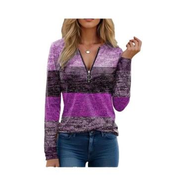 Imagem de Camiseta Feminina Com Decote Em V E Zíper, Manga Longa, Estampa De Flo