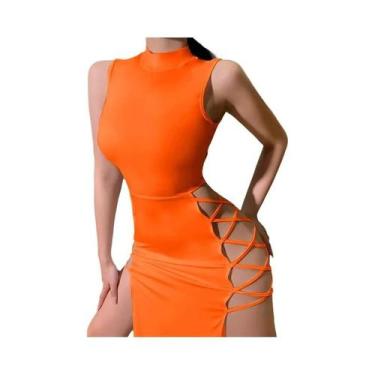 Imagem de Vestido Feminino Sem Mangas Com Gola Alta, Alças Finas, Recortes Vazad