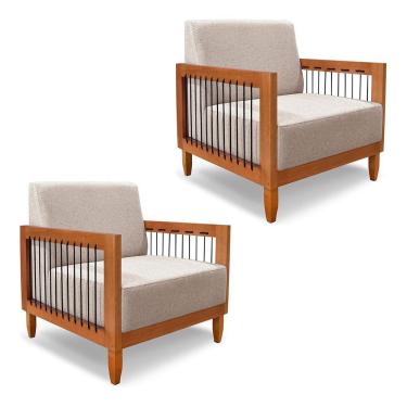 Imagem de Kit 2 Poltronas Decorativa Marilia Linho Areia Base Em Madeira Castanho - Pallazio