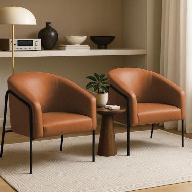 Imagem de Poltrona Sala Decorativa Kit 2 Stella Base Alta Tubo Preto Sintético Pu D03 - D'rossi Cor Whisky