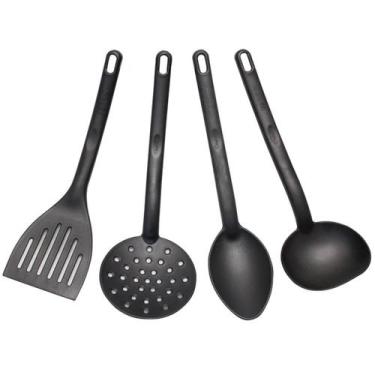 Imagem de Conjunto 4 Utensílios de Cozinha Plástico Preto Colher Concha Escumade