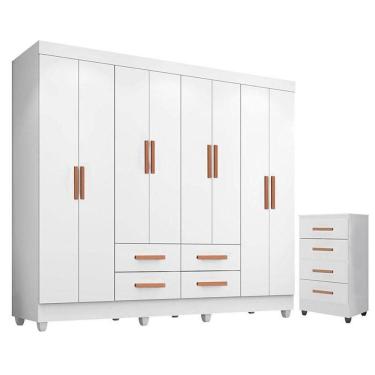 Imagem de Guarda Roupa Casal Porto Com Cômoda Lite 4 Gavetas Branco Brilho - Móveis Leão