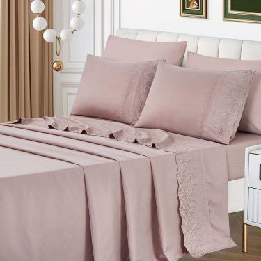 Imagem de Jogo De Lençol Lummi Queen 4 Peças Percal 300 Fios Bordado Inglês Macio - Malva - 100% Poliéster