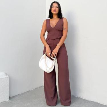 Imagem de Conjunto Top em V com Calça Pantalona Lívia Tecido Marrant Cor:MochaTa