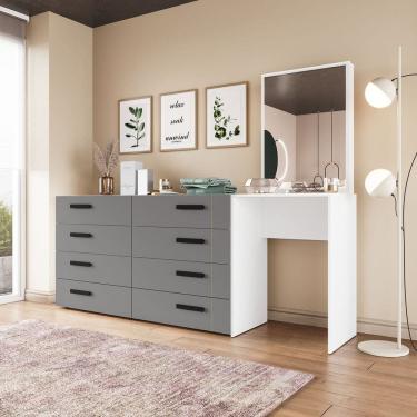 Imagem de Cômoda Penteadeira 8 Gavetas Lisboa Cinza/Branco