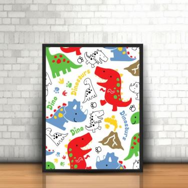 Imagem de Quadro Moldura Dinossauros Coloridos Desenhos Pegadas Vulcão