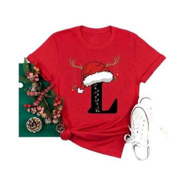 Imagem de Camiseta Feminina Vermelha De Natal Com Alfabeto, Estilo Casual, Manga