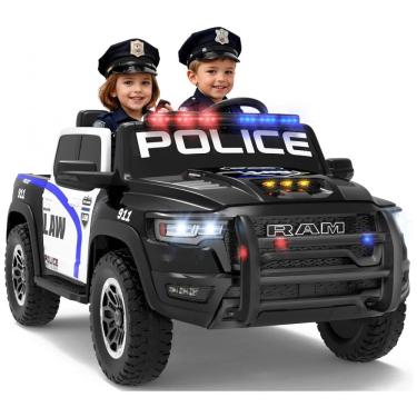 Imagem de Carro Elétrico Infantil Polícia RAM 1500 24V Preto 2 Lugares com Controle Remoto, Sirene, Luzes Piscantes e Baú