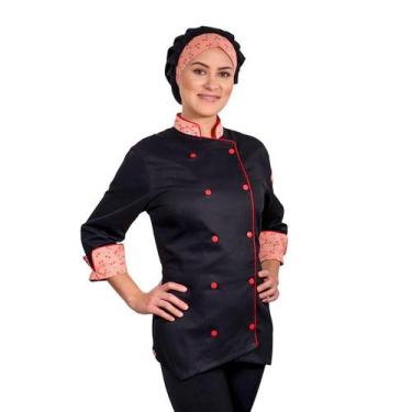 Imagem de Dólmã Feminina Para Chef De Cozinha Estampa Preto Cerejas Uniforme Aci
