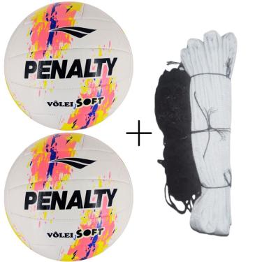 Imagem de Kit Vôlei 2 Bolas Soft X Costuradas com Rede Master Seda 5m Rosa e Preto Penalty
