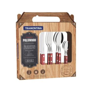 Imagem de Conjunto de Talheres Inox Tramontina Polywood Marrom 24 Peças, Vermelh