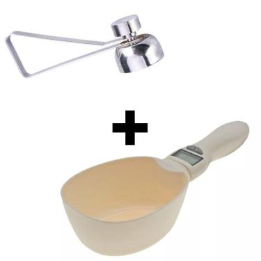 Imagem de Abridor Cortador De Ovo Cru Cozido Aço Inoxidável + Colher Digital Medidor Dosador Balança Ração Pet Ou Cozinha