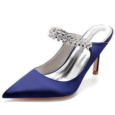 Imagem de Sapato feminino Slingback Maryjane 8,5 cm salto alto de casamento bico fino strass festa trabalho nó de formatura, Azul-escuro, 8.5