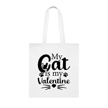 Imagem de Sacola My Cat Is My Valentine, presente divertido, bolsa de ombro, bolsas reutilizáveis, cesta de Natal de aniversário, ideia de presente, Branco