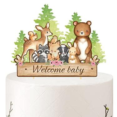 Imagem de Topo de bolo de animais da floresta, tema de bebê de boas-vindas super fofas palhetas de bolo do zoológico para decorações de suprimentos de festa de animais da floresta