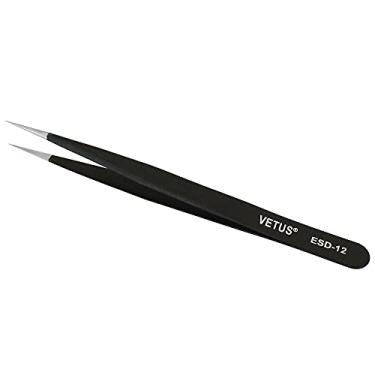 Imagem de Pinça preta antiestática SMD da Vetus com ponta pontiaguda de aço inoxidável não-magnético ESD-12