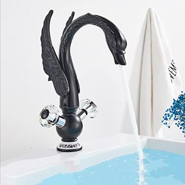 Imagem de Torneira para lavatório cisne dourado Torneira de banheiro montada no convés Torneira misturadora de água quente e fria Torneira de água para banho Torneiras para pia, preto fosco