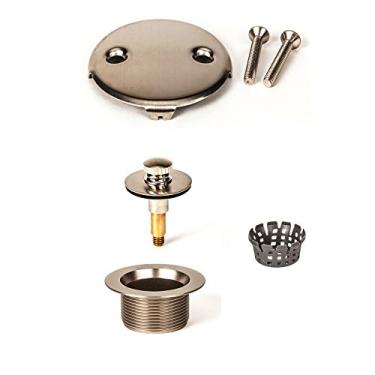Imagem de Conjunto de ralo de banheira PF WaterWorks PF0969-BN Lift Lock (Push Pull) (ralo grosso 11,5 TPI + rolha + placa de dois (2) furos - apanhador/coador de cabelo grátis - elimina tamancos níquel escovado