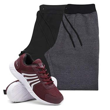 Imagem de KIT 2 Bermudas Masculina Moletom Conforto + Tenis Masculino Running Academia - Bermudas Preto/Grafite G - Tenis Vermelho - 39