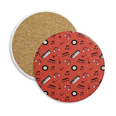 Imagem de Disco preto e notas musicais copo copo copo vermelho suporte redondo absorvente pedra 2 peças