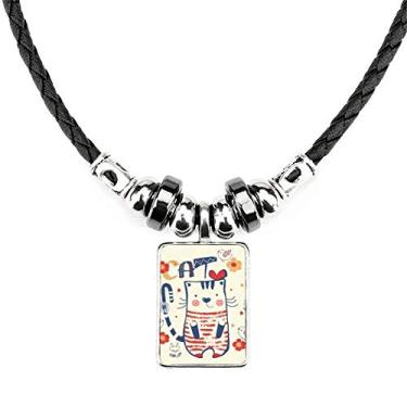 Imagem de DIYthinker Colar de desenho animado fofo de gato com flor e pingente de corda de couro