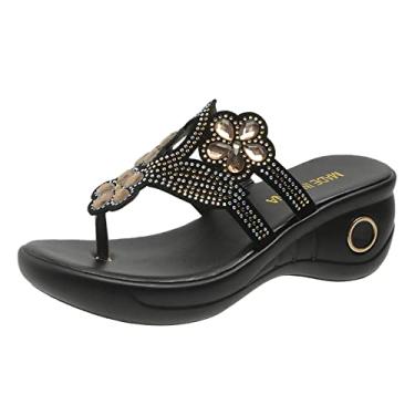 Imagem de Sandálias de strass para mulheres sandálias femininas elegantes verão novo padrão chinelo strass flor oca, Dourado, 7.5
