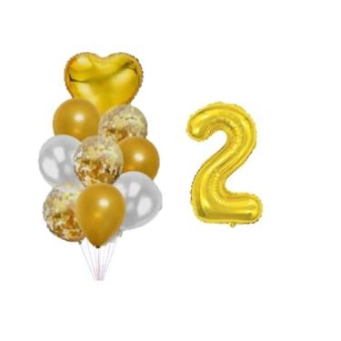 Imagem de Kit 9 Balões Bexiga Coração e 1 Número Metalizado Dourado (2)