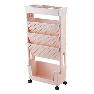 Imagem de Estante Móvel, Estante De Armazenamento De Estante De Livros De 5 Camadas, Estante Móvel, Capacidade Multicamada Giratória Removível Prática Prateleira De Organização Rolante Com Roda(Rosa)