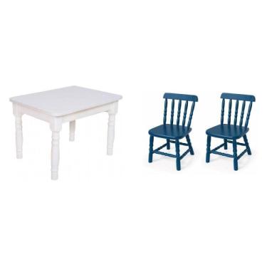 Imagem de Conjunto Infantil Mesa 68x52cm c/2 Cadeiras Madeira Maciça Branco/Azul