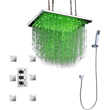 Imagem de Cascada Conjunto de chuveiro de banheiro luxuoso com chuveiro de LED de potência de água (montagem centralizada) Rainfall termostático 6 jatos de massagem Spray Body Shower Set (78 cm, ouro escovado)