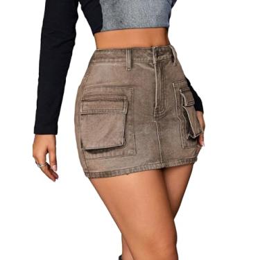 Imagem de BEAUDRM Saia feminina Y2K lisa cintura alta botão evasê zíper skinny bodycon mini saia jeans cargo, Marrom, M