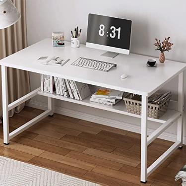 Imagem de Mesa de computador com estante de livros, mesa de estudo de madeira simples com moldura de aço, mesa de estudante, mesa de escritório em casa, ideal para quarto, escritório (cor: azul) (branco)