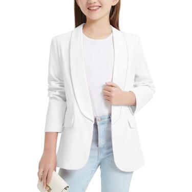 Imagem de EXARUS Blazer feminino manga longa gola xale blazer formal jaqueta aberto frontal bolso interno para crianças tamanho 6-12 anos, Branco, 12 Years