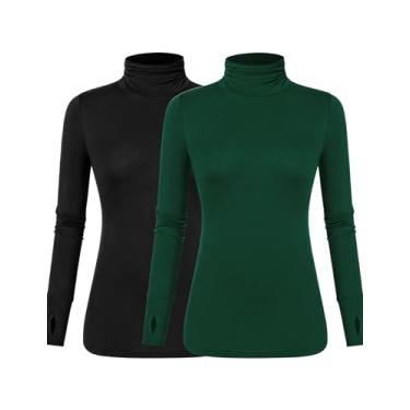 Imagem de LUYAA Camisetas femininas de manga comprida gola rolê leve e fina para o polegar com furos para o outono primavera inverno, Preto + verde escuro, M
