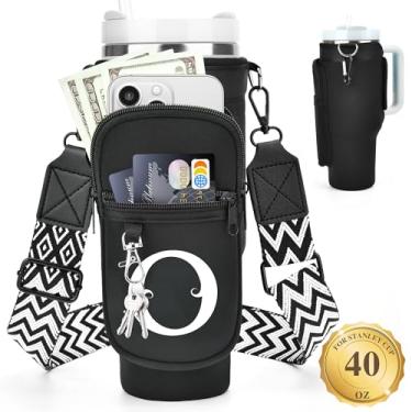 Imagem de LOKASS Suporte de garrafa de água personalizado com alça para acessórios Stanley Cup Tumbler de 1,134 g, bolsa de transporte inicial para garrafa de água com bolso para telefone, para mulheres, ideal