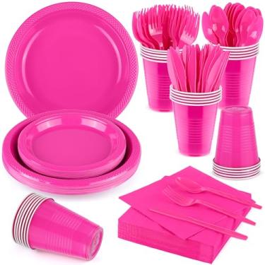 Imagem de Aodaer Conjunto de 200 peças de utensílios de jantar descartáveis rosa choque inclui pratos de plástico, copos, facas, garfos, colheres, guardanapos de papel para festas de aniversário, casamento,