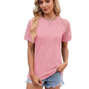 Imagem de Camiseta feminina de cor lisa, gola redonda, renda, patchwork, elegante, primavera, painel moderno, casual, camisetas gráficas, rosa, P