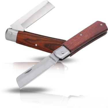 Imagem de Canivete Multiuso Lâmina Reta Aço Inox Cabo Madeira Dobrável Retrátil Pesca Camping Caça Corte Roça 200mm Com Olhal pra Cordão Country