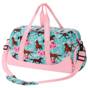 Imagem de Choco Mocha Bolsa de viagem infantil para meninas – bolsas noturnas para crianças com compartimento de sapatos, linda bolsa de fim de semana para viagens de festa do pijama, Azul cavalo, Medium