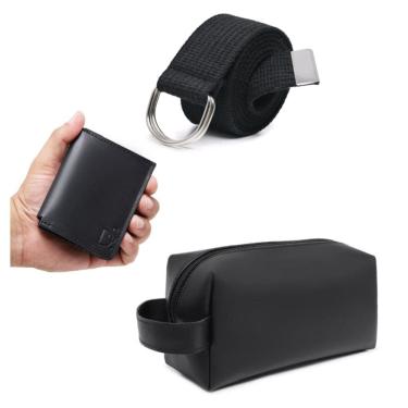 Imagem de Kit Necessaire Masculina Couro Com Carteira Porta Cartoes Cedulas e Cinto Gorgurão Ajuste Argola