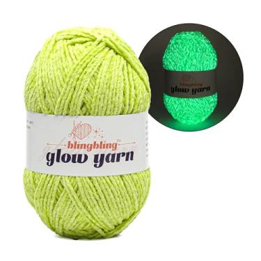 Imagem de BulingBuling Fio de chenille que brilha no escuro – peso esportivo (2 finos), verde fluorescente, 100 ml, para decoração de Natal de malha, mantas, capas de travesseiro e bricolage noturno
