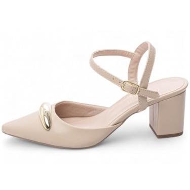 Imagem de Salto Scarpin Feminino Sapato Médio Baixo Grosso Bloco Bico Fino 6cm (Bege, BR, Adulto, Numérico, 34)