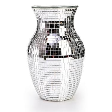 Imagem de SOUJOY Vaso de bola de discoteca, vaso espelhado de mosaico prateado para peça central, vaso de vidro feito à mão para arranjos de flores de casamento, sala de estar, cozinha, decoração de casa