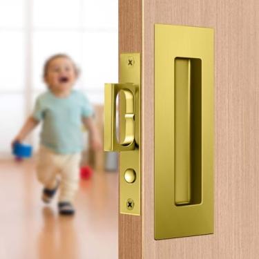 Imagem de Puxadores de porta deslizantes de 15 cm, ferragens de aço inoxidável 304 sem trava, puxadores de dedo embutidos, puxador de borda resistente com puxador de anel pop out (dourado)