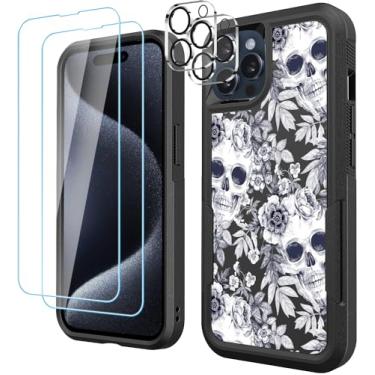Imagem de LOQUPE [Capa 5 em 1 para iPhone 15 Pro, com 2 protetores de tela + 2 protetores de lente de câmera, capa protetora resistente e resistente, leve, fina à prova de choque para mulheres, caveira fofa