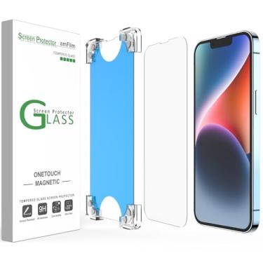 Imagem de amFilm Pacote com 2 películas magnéticas OneTouch compatíveis com iPhone 14 de 6,1 polegadas/iPhone 13/iPhone 13 Pro de 6,1 polegadas, vidro temperado, cobertura total, com kit de fácil instalação