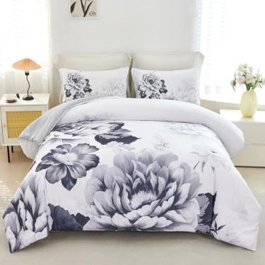 Imagem de RYNGHIPY Conjunto de edredom floral, tamanho casal, flores botânicas, folhas, leve e fofo (preto, branco, tamanho casal)