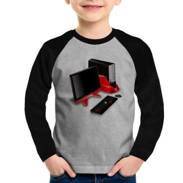 Imagem de Camiseta Raglan Infantil PC Gamer Manga Longa - Foca na Moda, Cinza, P